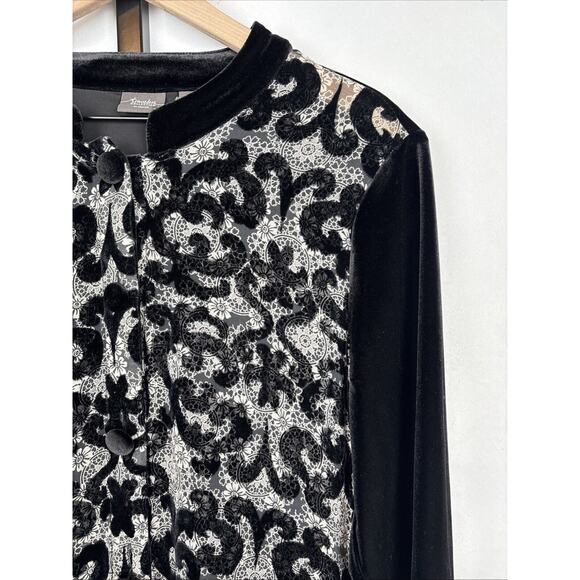 Chico's Travelers Black Velvet Swirl Button Up Blouse Women's L Artsy Sheer - Picture 2 of 13